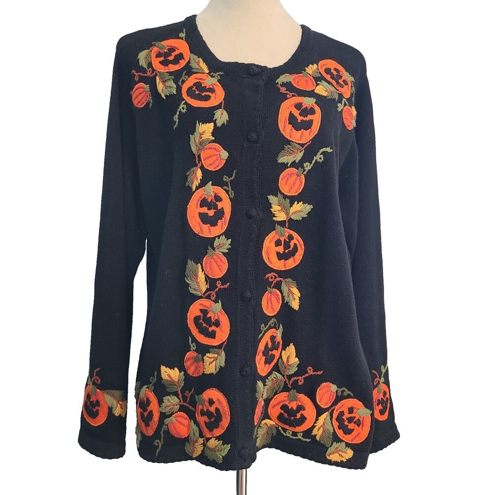 Arriviste VTG 90's Embroidered Halloween Pumpkin Cardigan Sweater L Whimsigoth